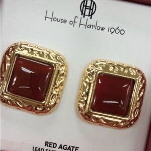 House of Harlow 1960 Gold-tone Red Agate Square Studs